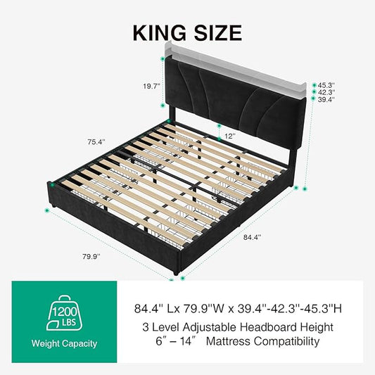 Novilla King Bed Frame and Headboard, King Size Bed Frame with Storage Drawers, King Bed Frame with LED Lights, Charging Station and Adjustable Headboard, No Box Spring Needed, Black Velvet