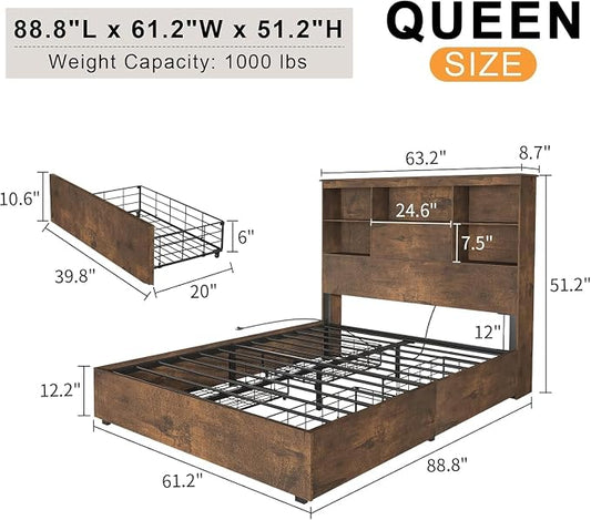 LUXOAK 5-Piece Bedroom Set, Queen Bed Frame with Headboard, 6 Drawer Dresser & 5 Drawer Chest, Nightstand Set of 2 with Charging Station, Farmhouse Bedroom Furniture, Rustic Brown
