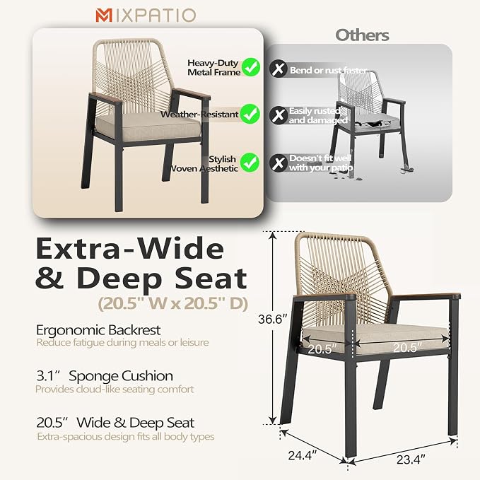MIXPATIO 7 Pieces Round Outdoor Dining Set for 6, Patio Dining Set Wicker Rattan Chairs with Soft Cushion and 54" Round Table with Umbrella Hole, Round Patio Table and Chairs for Backyard Porch