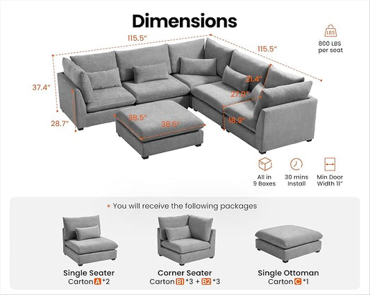 115" Oversized Chenille Couch Modular Sectional Sofa, Washable Cloud Couch Sectional with Ottoman, 6 Seater Sectional Couches for Living Room, Fully Cover Removable, V Shaped & Corner, Chenille, Grey