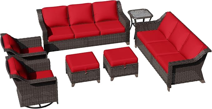 7 Pieces Patio Conversation Furniture Set - 2 Sofas, 2 Ottomans, 2 Swivel Chairs, 1 Side Table, Outdoor Wicker Furniture with Removable Cushions for Porch, Balcony, Sunroom (Red)