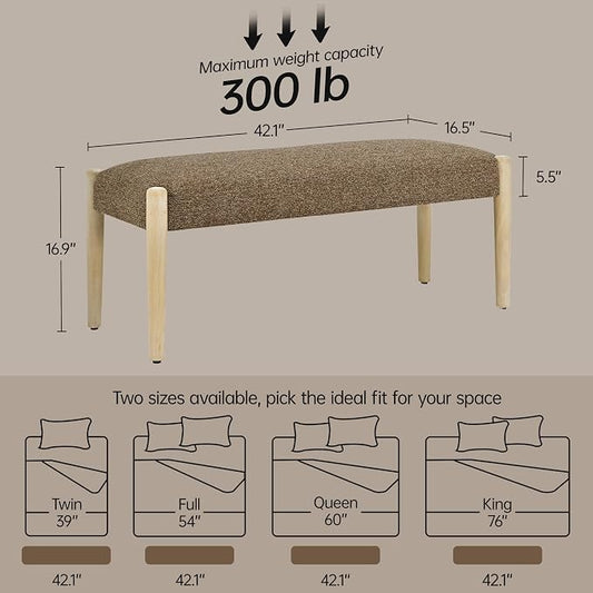 Usaint 42" End of Bed Bench, Modern Upholstered Bedroom Bench with Rubberwood Legs, Entryway Bench with Cushion, Dining Bench for Living Room, Bedroom, Dark Brown with Oak Leg