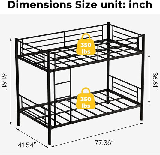 Bunk Bed Twin Over Twin, Metal Bunk Bed with Front Ladder and Safety Guardrail, Space-Saving Twin Bunk Beds for Kids, Teens & Adults, No Box Spring (Front Laddder, Black)