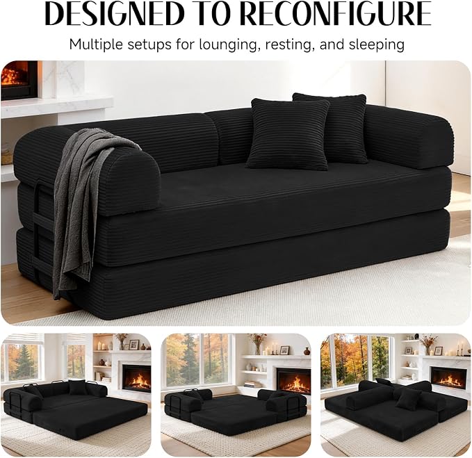 79'' Convertible Sofa Bed, Boneless Couch-in-a-Box, Corduroy Floor Futon Loveseat Sleeper, 26'' Deep Seat, Removable Machine-Wash Covers, No Assembly, 2 Pillows, Black