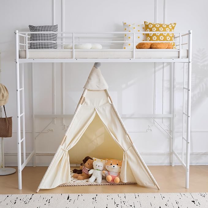 VINGL Loft Bed Full Size Kids Loft with 2 Stairs Design,Space-Saving Double Bed for Teens, Adults, Heavy Duty Metal Square Slat, No Box Spring Needed,White