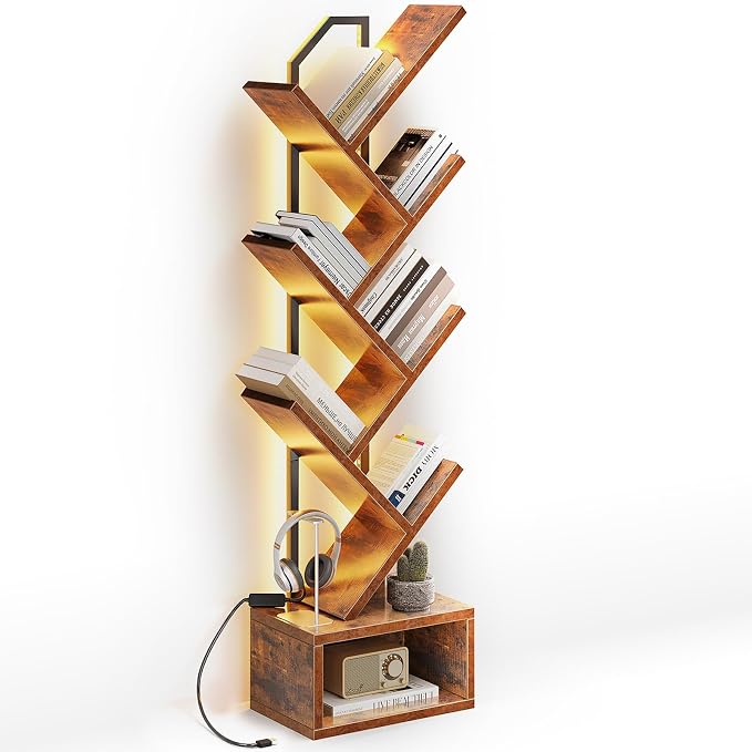Casaottima Tree Bookshelf with LED Lights, 6-Tier Narrow Bookcase for Small Spaces, Tall Steel & Wood Storage Shelf with Cabinet, Home Decor & Organizer for Living Room/Bedroom/Home Office, Vintage