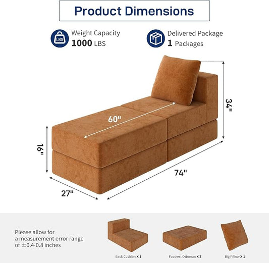 Living&Giving Cloud Sectional Couch for Living Room, Modular Boneless Couch with 1 Ottoman, Middle-seat Can Be Combined with Modular Sofa, Customizable Layout for Any Space, Orange