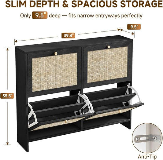 Nicetree Shoe Cabinet Storage for Entryway, 4-Flip Drawer Narrow Shoe Rack with Adjustable Shelves, Boho Modern Square Rattan Shoe Organizer, Slim Wood Storage Cabinets for Small Spaces Fits Size 13.5