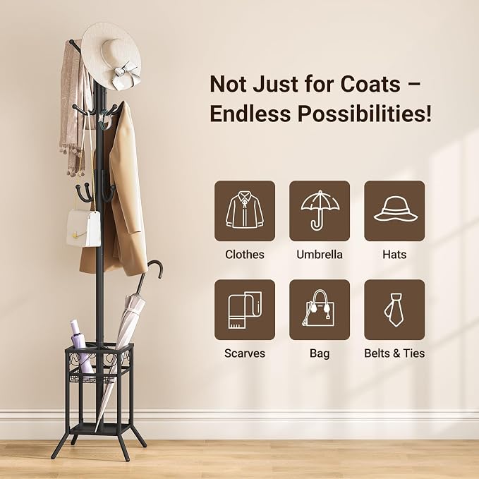 ELYKEN Coat Rack Freestanding, Metal Coat Rack with Umbrella Holder | 12 Hooks, Square Base, Heavy Duty Floor Standing Coat Tree for Entryway, Hallway, Living Room, Bedroom, Office, Black