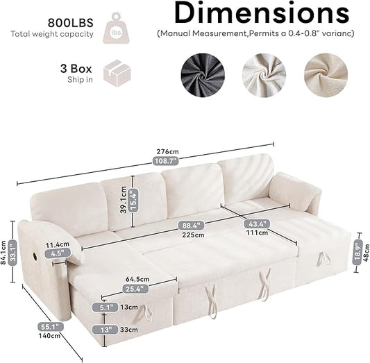 Tbfit 109'' Pull Out Sofa, Sleeper Sofa Bed with USB & 2 Storage Chaises, Comfy Oersized U Shaped Convertible Sectional Sleeper Couches for Living Room, Apartment, Office, White Sherpa