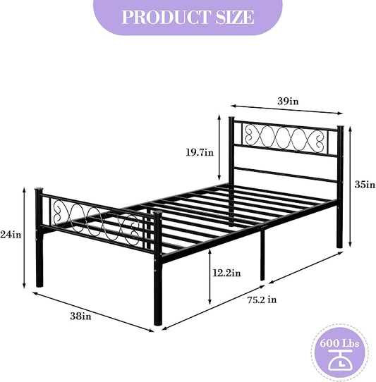 GarveeHome Twin Size Bed Frame, Metal Platform Bed Frame with Headboard and Footboard, 12.2 in Bed Frame with Strong Metal Slats Support, Under Bed Storage, No Box Spring Needed, Black
