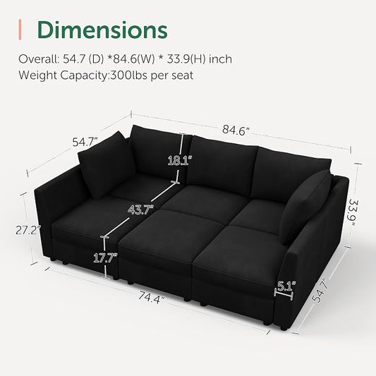 HONBAY Modular Sectional Couch Velvet Sleeper Sofa with Storage Seat Sectional Couches for Living Room,Black
