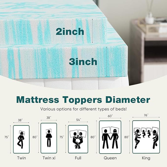 Sweetcrispy Mattress Topper Twin XL, Memory Foam 2 Inch Thick Gel Infused Cooling Toppers Pad for Twin XL Size Bed, Sleeper Sofa, RV, Camper, CertiPUR US, Breathable