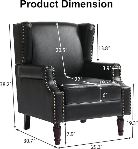 Pia Ricco Set of 2 Faux Leather Accent Chairs, High Back Wingback Armchairs with Retro Floral Design, Nailhead Trim & Solid Wood Legs for Living Room Bedroom (Black)