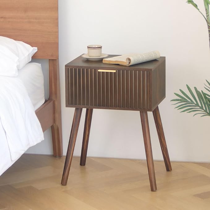 Mid Century Modern Nightstand, Small End Tables Living Room, Accent Bedside Table with Drawer for Bedroom and Small Space, Rustic Brown