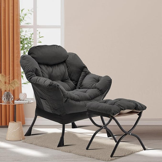 Youtanic Lazy Chair with Folding Ottoman, Accent Chair Velvet Upholstered with Metal Structure and Non-Slip Pads, Sofa Armchair with Footrest and Side Storage Bag for Dorm, Office, Charcoal