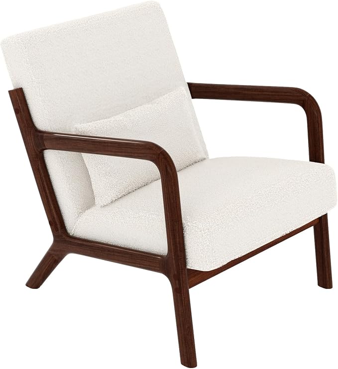 Garvee Mid-Century Modern Accent Chair, Sherpa Upholstery, Solid Wood Armchair with Removable Lumbar Pillow, Sturdy Reading Chair for Living Room, Bedroom, Guest Room, Easy Assembly, Beige