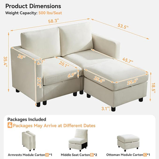WUTUTUEE 58”Modular Sectional Loveseat Sofa with Storage, Comfy Office L Shaped Sofa Couch, Chenille Love Seat Modular Sectional Couch with Movable Ottoman for Living Room, Bedroom, Beige