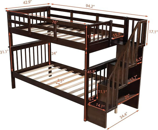 MERITLINE Twin Over Twin Bunk Bed with Storage Staircase, Solid Wood Stairway Convertible Bunk Bed with Stairs (Twin Over Twin,Espresso)