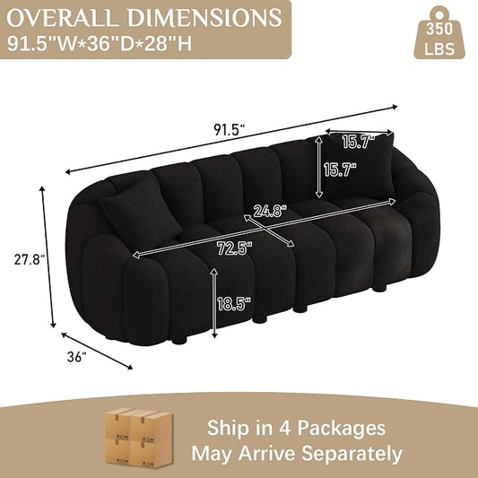 92" Oversized Minimalistic Boucle Sofa for Living Room, Luxury Plush Extra Deep Seat Tufted Sofa, Modern Comfy Curved Cloud Couch, Upholstered 3-Seater Chenille Couches, Black