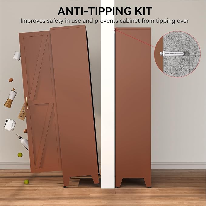 COFaR 71" Metal Pantry Cabinet in Brown, 5-Tier Storage with Adjustable Shelves, Metal-Tone Cupboard for Kitchen, Office & Living Room Organization