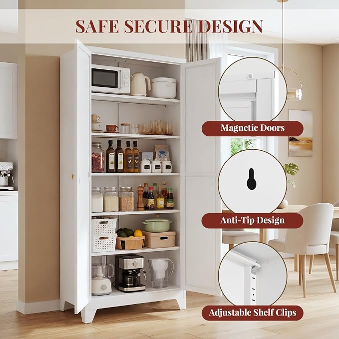 75" Metal Kitchen Pantry Cabinet with Dual Handles & Adjustable Legs, Freestanding Storage Cabinet with Doors and 5 Adjustable Shelves, Tall Food Pantry for Kitchen Dining Room, White