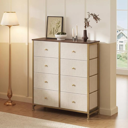 Sweetcrispy 8 Drawer Dresser for Bedroom, Organizer Storage Drawers, Khaki | Fabric Storage Tower, Chest of Drawers with Steel Frame, Wood Top for Living Room, Closet