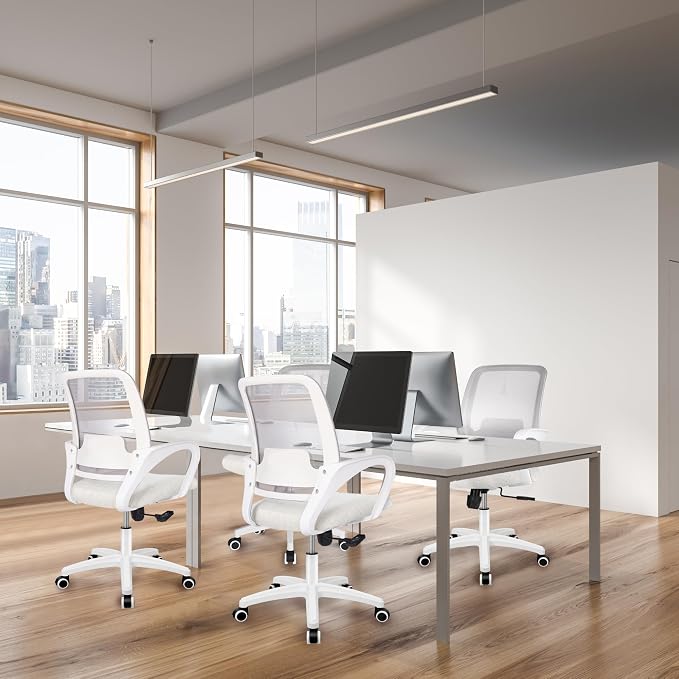 NEO Chair Office Desk Computer Ergonomic Chair Comfy Mid Back Mesh Seat with Lumbar Support Adjustable Height Swivel Rolling Wheels for Home Task Vanity Study Bedroom (Ivory-White Frame)