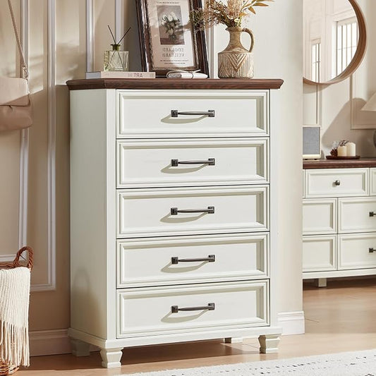 SAVOR LIFE Farmhouse Dresser and Nightstand Sets 3 Piece, 5 Drawer Dresser & 2 Drawer Nightstand Set, Rustic Wood Bedroom Furniture Set for Home, Bedroom, Hallway, White