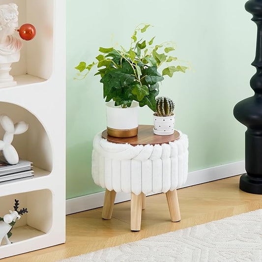 Wimarsbon Storage Ottoman, Modern Round Footrest with Soft Padded Seat, Teddy Velvet Footstool with Wood Legs, Accent Small Table or Plant Stand for Hallway, Living Room (White)