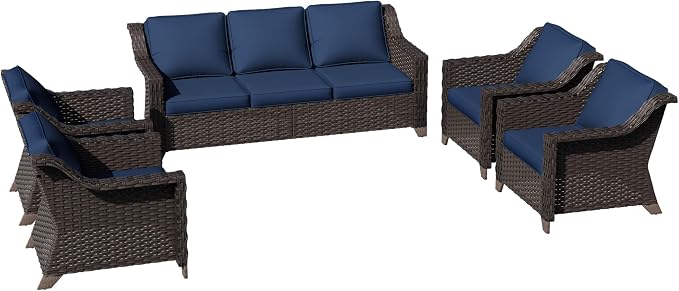 5 Pieces Patio Conversation Furniture Set - 1 Sofa, 4 Armchairs, Outdoor Wicker Furniture with Removable Cushions for Porch, Balcony, Sunroom (Blue)