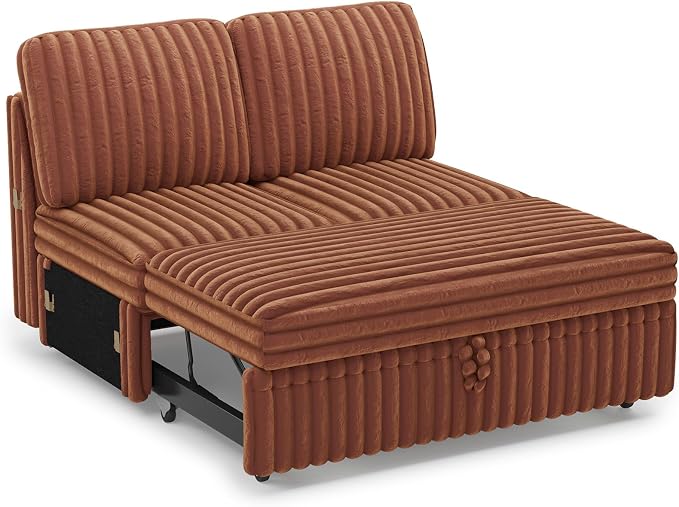 Belffin Corduroy Sleeper Sofa with Pull Out Bed Module Loveseat with Pullout Bed for Sectional Sofa Couch Brick Red Couch