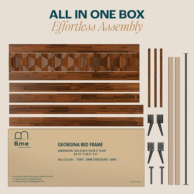 Bme Georgina Signature Dark Choco Bed Frame, King Bed Frame and Headboard Handcrafted Geometric, Mid Century Modern, Solid Acacia Wood, No Box Spring Needed, 12 Wood Slats Support, Easy Assembly