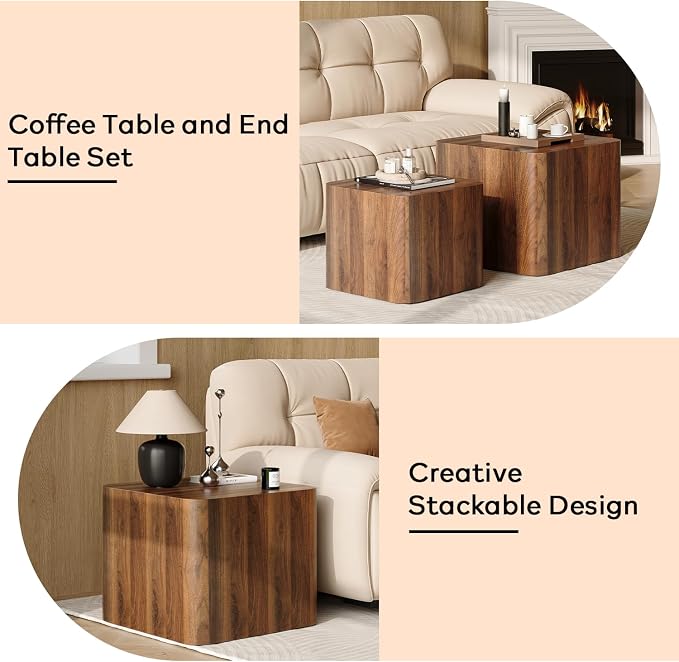Nesting Coffee Table Set of 2, Modern Coffee Table and End Table Sets, Small Wooden Nesting Side Tables for Living Room Bedroom Apartment(Walnut)