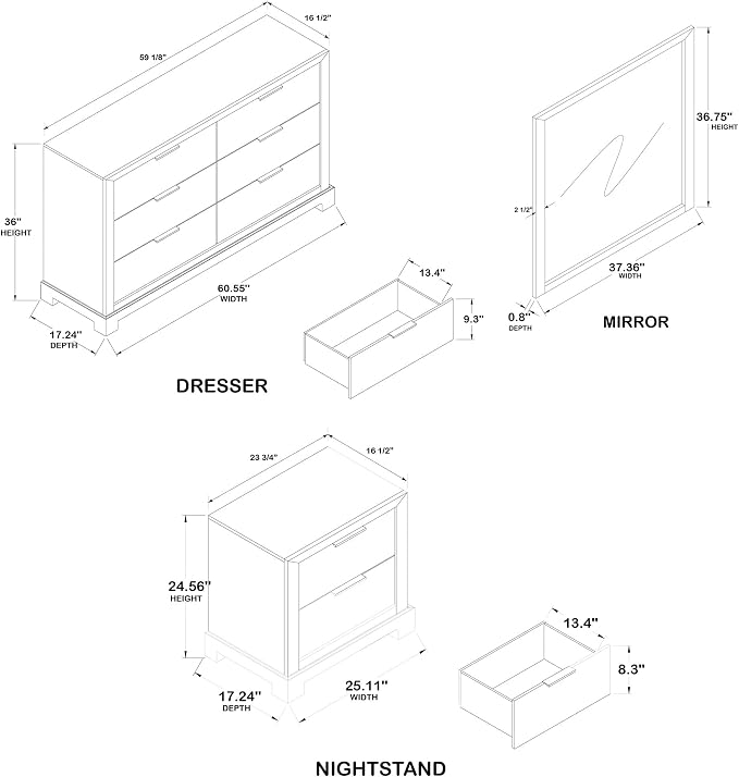 Kings Brand Furniture Linden 4-Piece Bedroom Set, King Size Bed Frame with Upholstered Headboard, Dresser with Mirror and 2-Drawer Nightstand, Oak Finish