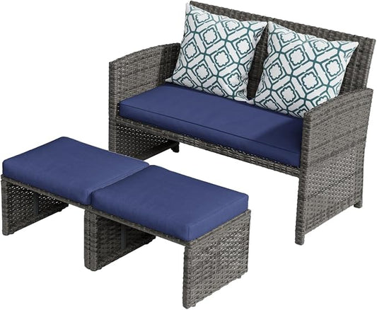 OC Orange-Casual Patio Furniture Set,3 Pieces Outdoor Wicker Conversation Loveseat with Ottomans for Porch, Gray Rattan Navy Blue Cushions