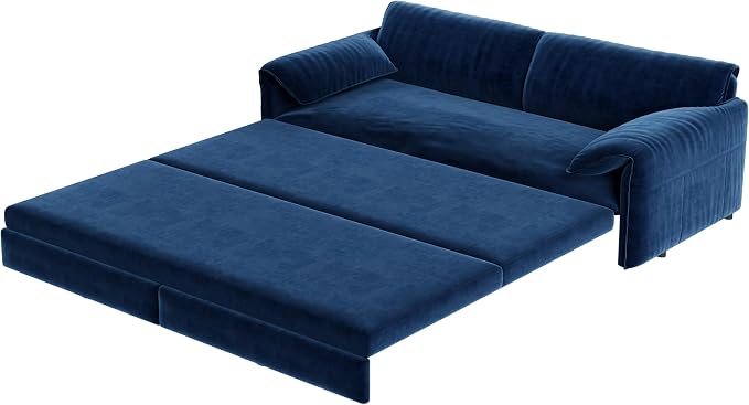 66" Sofa Bed Queen Size, Pull Out Couch Bed, 3-in-1 Convertible Sleeper Sofa with Side Pocket, Modern Velvet Futon Couch for Living Room, Small Space, Apartment, Bedroom, Blue