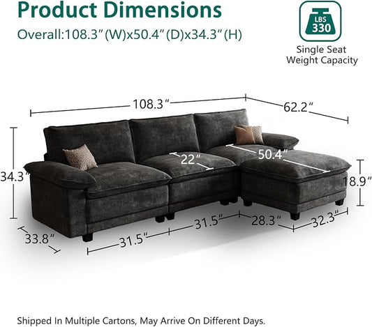 Modern L Shaped Sofa Couches for Living Room, Modular Sectional Cloud Couch with Movable Ottoman, Comfy Chenille Sofa for Apartment and Small Space, Black