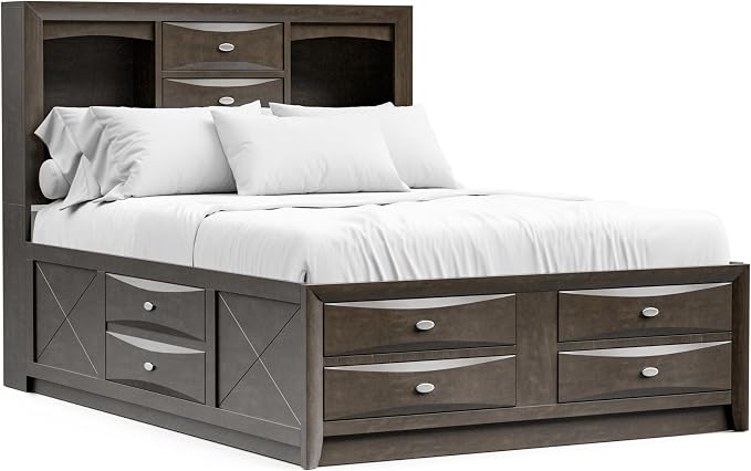 Furniture of America Darius Transitional Solid Wood 3-Piece King Platform Bedroom Set with Drawers, Bookcase Headboard and Knob Pulls, Mattress Ready, Gray