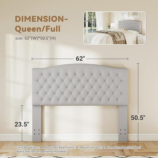 Queen Headboard Only, Velvet Classic Tufted Design, Light Gray | 2 installation options: 1.bed frame mount 2.wall mount (for adjustable bed), Classic hand-tufted headboard king size