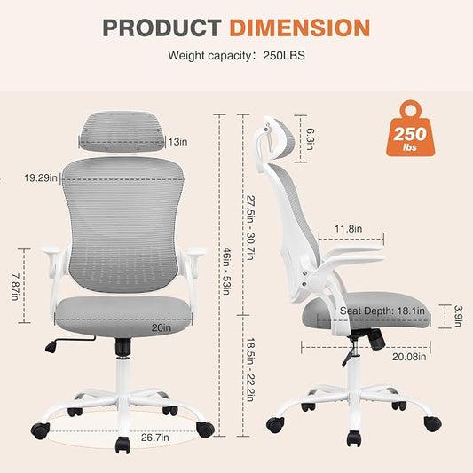 Sweetcrispy Home Office Managerial Executive Chair, High-Back Mesh with Adjustable Headrest, Flip-up Armrest Comfortable Lumbar Support, Comfy Arms for Bedroom,Study,Student