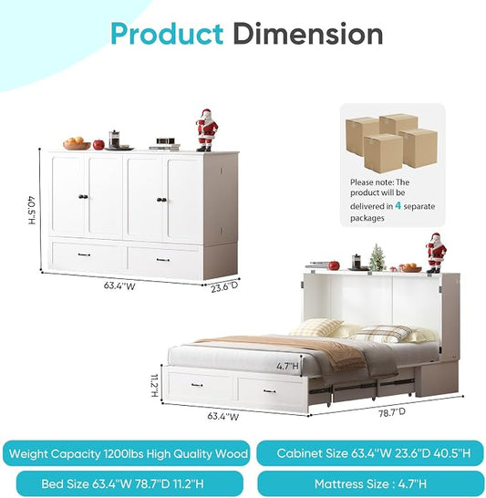 CECER Queen Murphy Bed with Mattress,Space Saving and Easy Assemble-White | Built-in Multi-Port Charging Station & Large Storage Drawer,Sturdy frame & Easy to Move Track