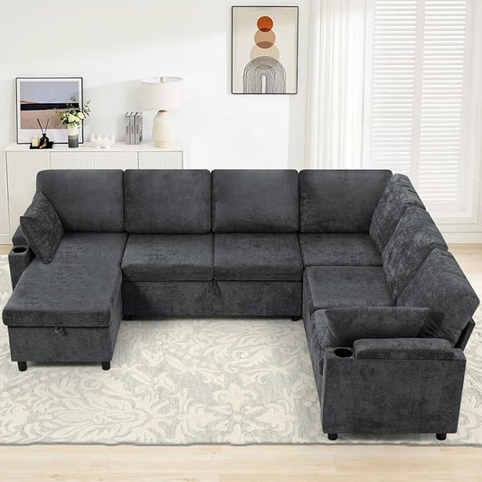 110" Chenille Sectional Sofa w/Pull Out Bed & Storage Chaise, Grey | Reversible U Shape Sofa w/Storage Armrests & Cup Holders, Corner Couch w/USB Charging Port & Throw Pillows for Living Room
