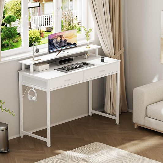 DUMOS 40 Inch Computer Desk with Monitor Stand and 2 Drawers, Small Writing Desk for Home Office with Headphone Hook, Compact Study Table for Bedroom, White