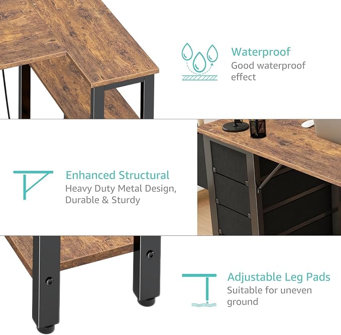 Lufeiya L Shaped Desk with Drawers & Storage Shelves, 47 Inch Small Reversible Corner Desk with Power Outlet for Home Office Bedroom, L-Shaped Gaming PC Computer Desks with Fabric Drawer, Rustic Brown