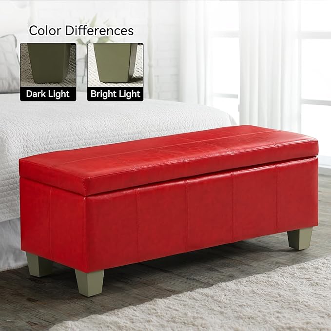 WUTUTUEE 51" Faux Leather Storage Ottoman, Stitch Tufted Rectangle Upholstered End of Bed Storage Bench, Entryway Large Couch Ottoman with Wooden Legs,Red
