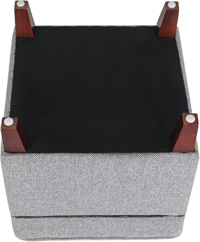 Adeco 17 Inch Square Linen Storage Ottoman for Living Room & Bedroom, Small Upholstered Footrest Stool with Hinged Lid and Wood Legs, Modern Accent Furniture, Light Gray