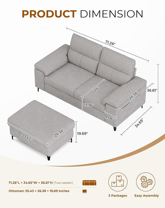 71.25" L Shaped Sectional Couches for Living Room, Deep Seat Sofa with Storage Ottoman & 8”Cushion, Comfy 2-Seater Chenille Loveseat, Convertible Armrest, Removable Cover for Small Space(Light Gray)