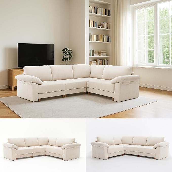 Oversized Modular Cloud Couch with Removable Washable Cover, L -Shaped Sectional for Large Living Room, Plush Chenille & Deep Seat(Beige)