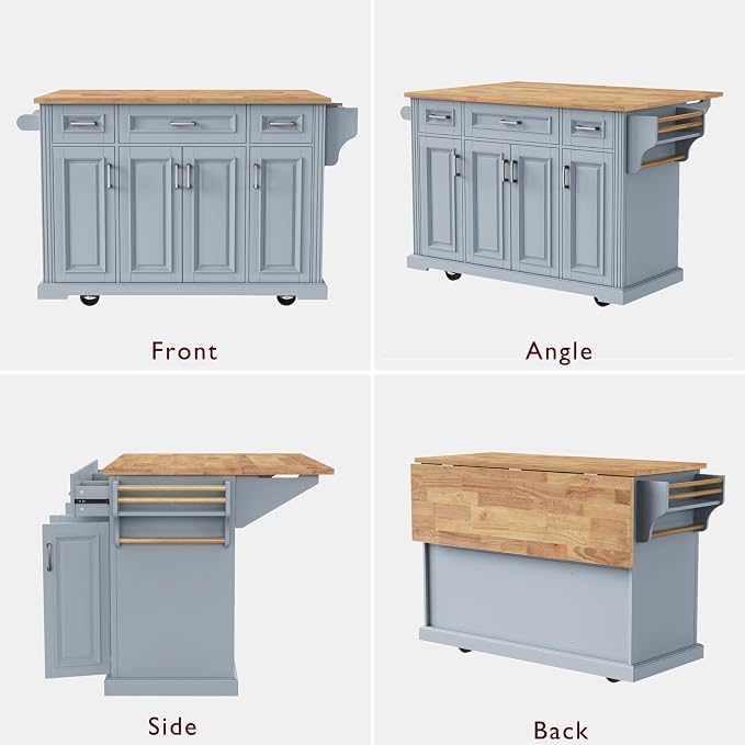 Large Kitchen Island with Rubber Wood Top Drop Leaf, 54" Rolling Kitchen Storage Cart on Wheels with Embossed Texture, Door Cabinet, Drawers, Spice Rack & Towel Rack for Dining Room, Grey + Blue